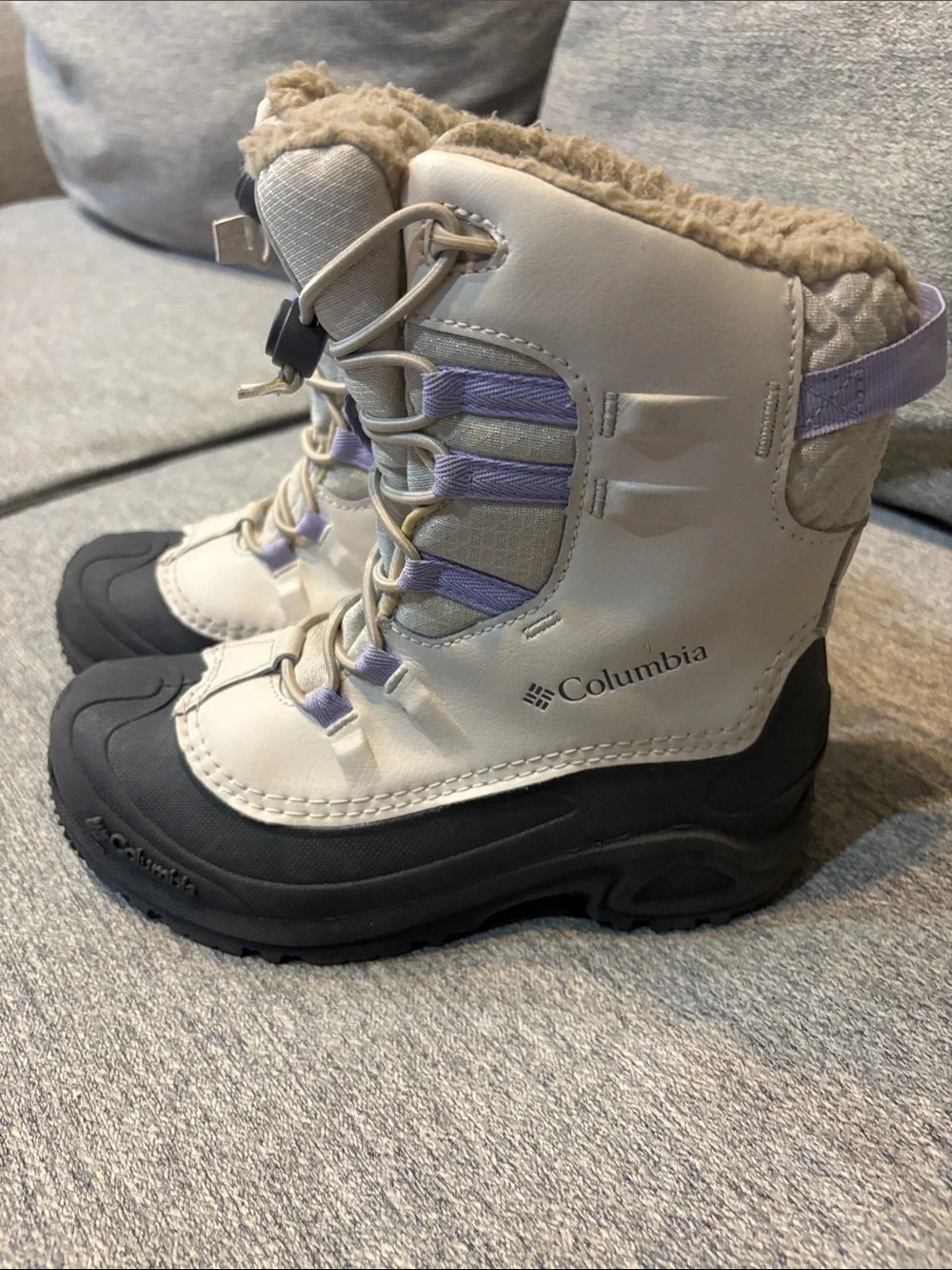 Columbia Kids Snow Boots in Light Gray, Black & Lavender